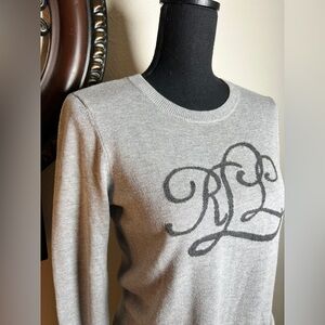 Ralph Lauren Women’s Heather Gray Monogram Crewneck Lightweight Sweater Jumper